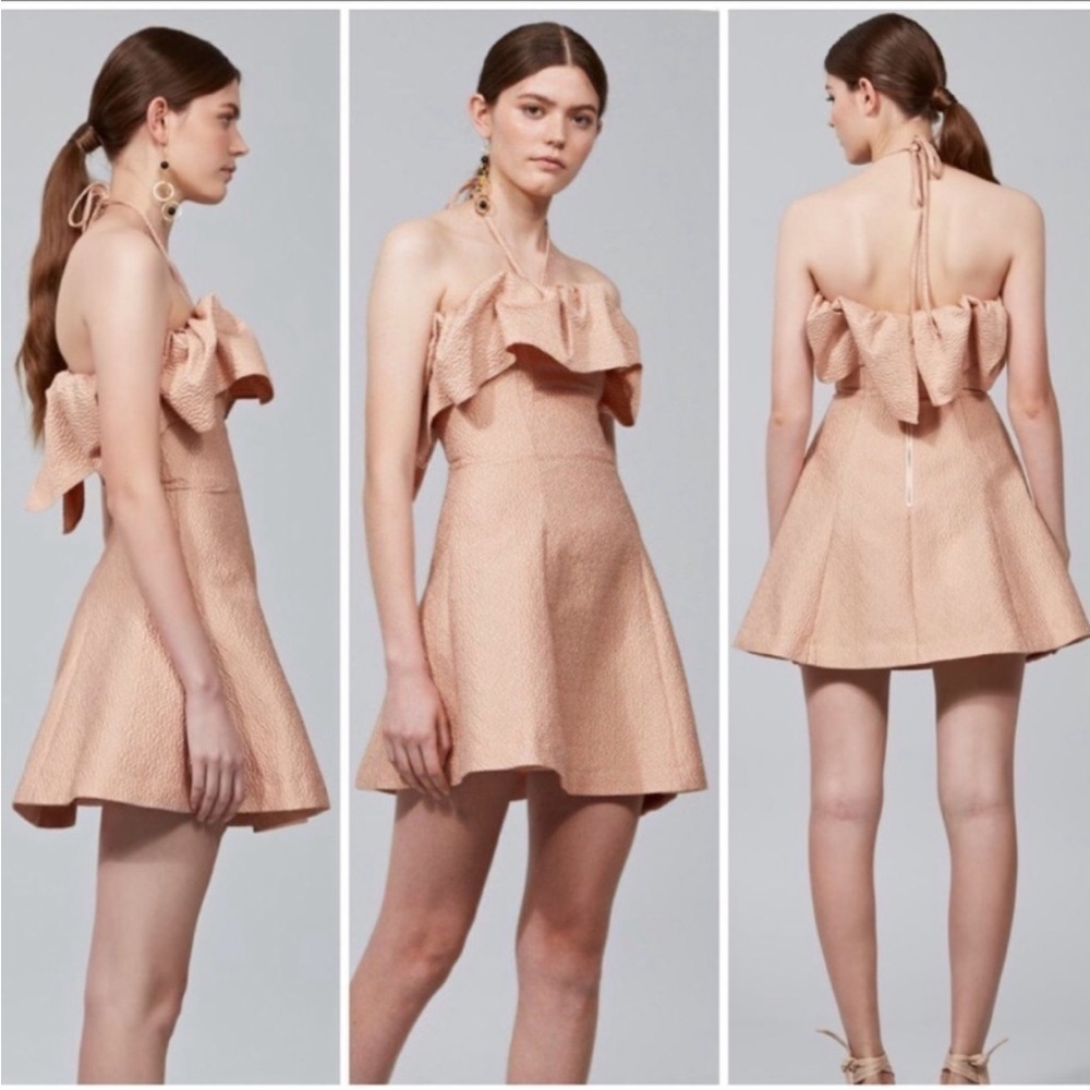 Keepsake / Magonila Peach jacquard Halter ruffle  Mini Dress small S